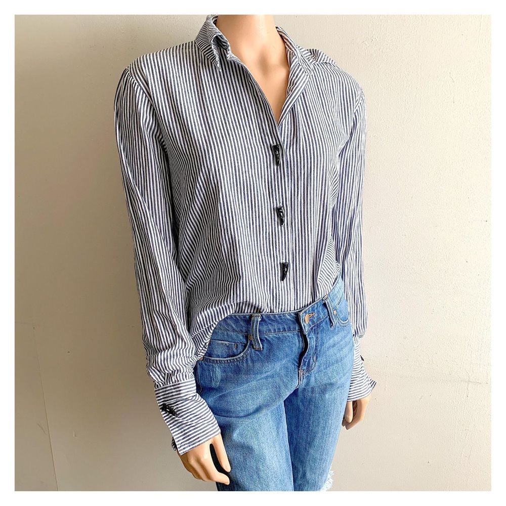 Shana Navy Striped Horn Fang Button Down Shirt